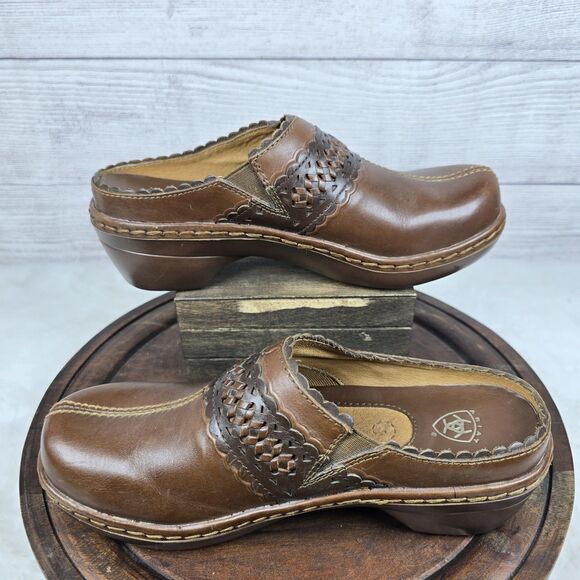 Ariat Brown Leather Clogs Embossed Detail Womens Sz 6.5 Western Comfort - Picture 5 of 9